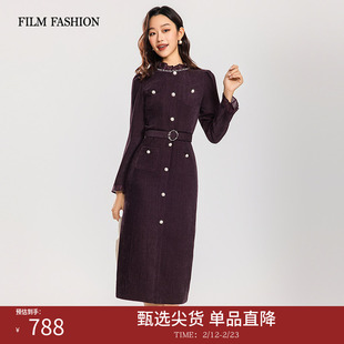 【新年穿搭】一电影一时装2025冬季新款酒红色长袖丝绒连衣裙女