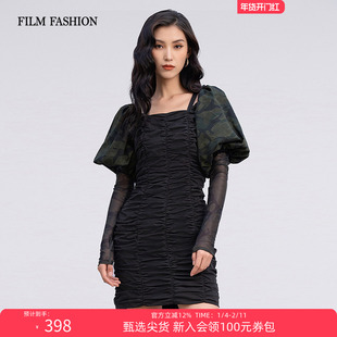 一电影一时装春秋新款废土风修身泡泡袖连衣裙短裙女设计感小众