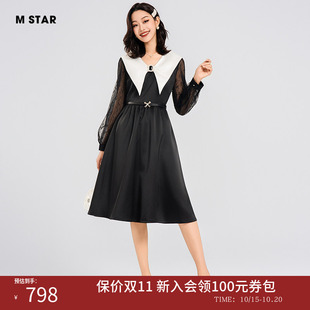 【保价双11】M STAR夏季新款法式尖领赫本风蕾丝礼服连衣裙中裙女
