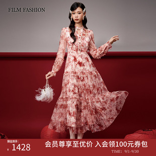 【商场同款】一电影一时装2026春秋新款印花连衣裙中长款网纱女士