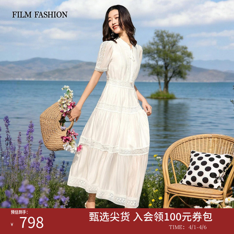 一电影一时装2026夏季新款拼接白色连衣裙长裙中长款休闲度假女士