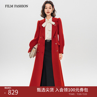 一电影一时装冬季复古红色羊毛双面呢毛呢大衣外套中长款气质女士