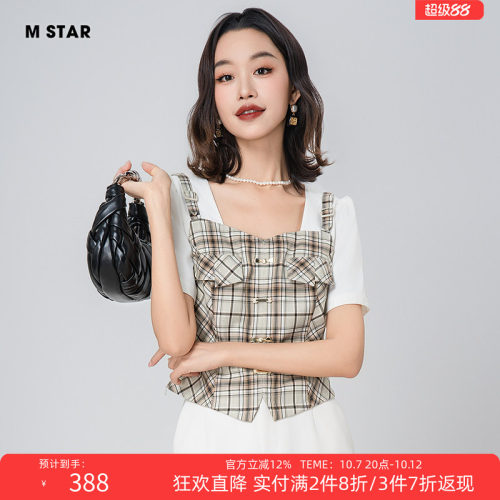 假两件方领格纹小衫上衣气质女士