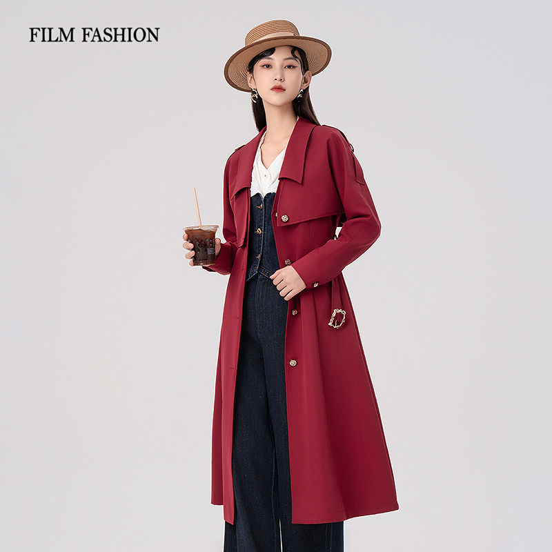 春秋通勤新款红色风衣式外套女士图片