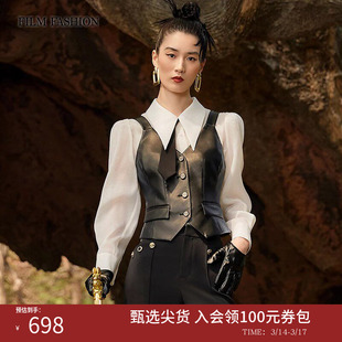 一电影一时装春秋酷飒皮马甲衬衫套装衬衫两件套气质休闲时尚