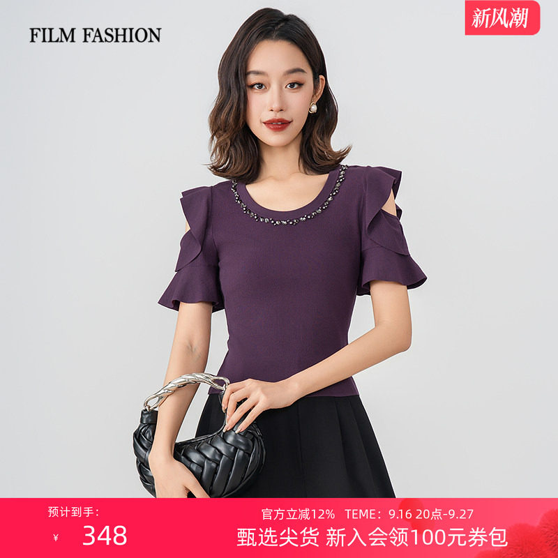 一电影一时装夏季圆领设计感镂空套头针织短袖T恤女上衣衬衫图片