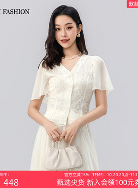 一电影一时装夏季新款短袖衬衫上衣V领蕾丝纽扣时尚休闲度假女士