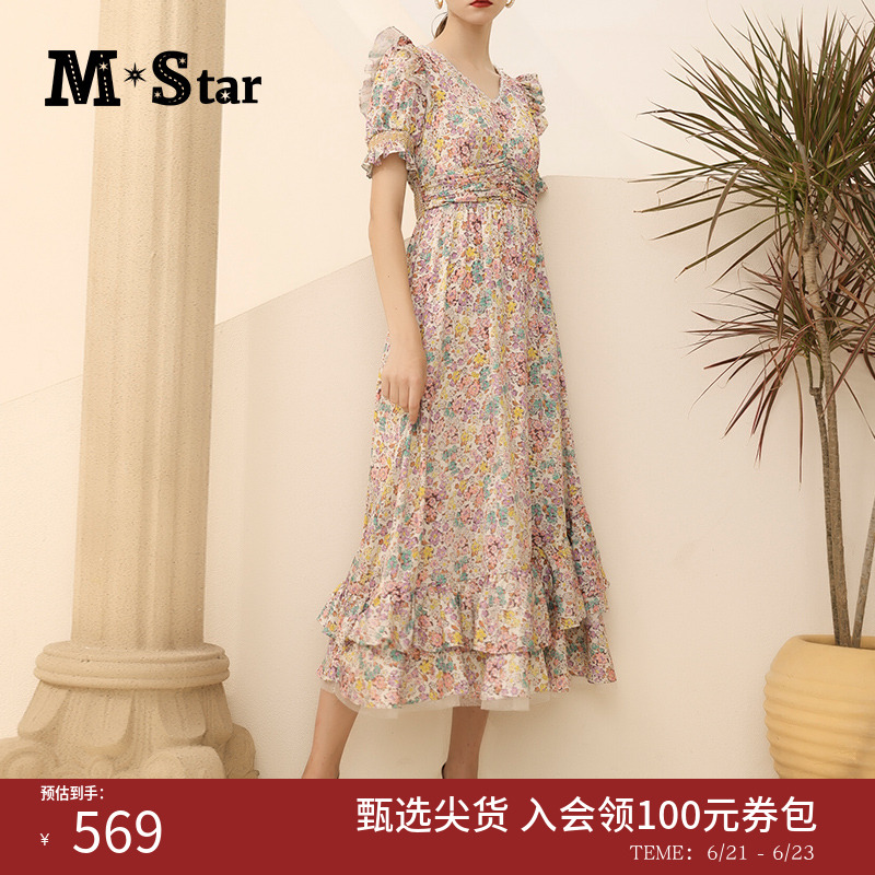 M STAR碎花百褶裙摆中长款裙立肩印花短袖中长连衣裙