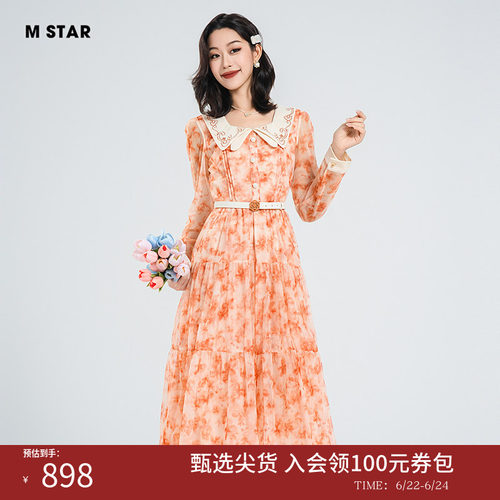 M STAR夏季新款法式浪漫度假气质花料娃娃领连衣裙长裙女今年流行