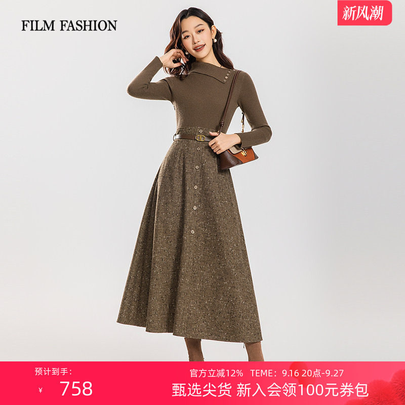 一电影一时装春秋新款复古气质毛织拼接长袖连衣裙A字裙女超好看图片