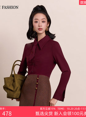 一电影一时装冬季新款复古翻领领带衬衫上衣长袖修身气质打底女士