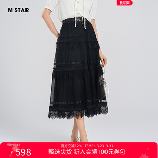 STAR夏季 半身裙女今年流行爆款 新款 气质纯色压褶网纱中长款 法式