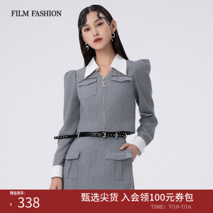 一电影一时装春夏新款翻领拼接特工气质短外套女爆款