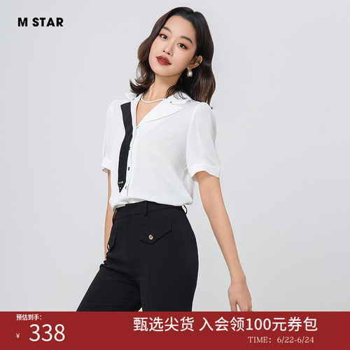 M STAR夏季新款通勤风轻职设计感醋酸西装领飘带短袖衬衫女款