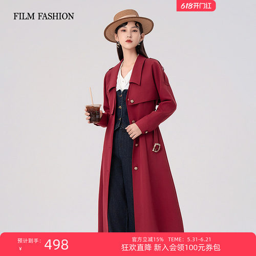 春秋通勤新款红色风衣式外套女士