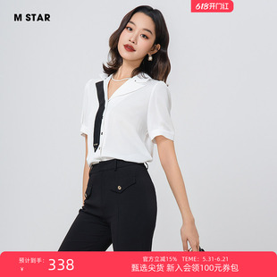 M STAR夏季新款通勤风轻职设计感醋酸西装领飘带短袖衬衫女款