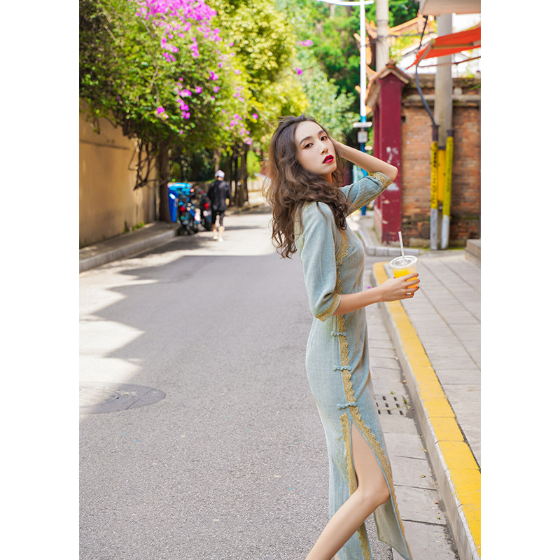 雯卿长袖绿色旗袍女秋季民国2021年新款改良年轻款连衣裙长款气质