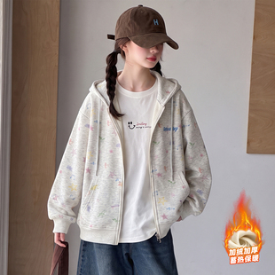 女童秋冬装外套新款10岁女孩连帽灰色卫衣开衫宽松棒球服加绒加厚
