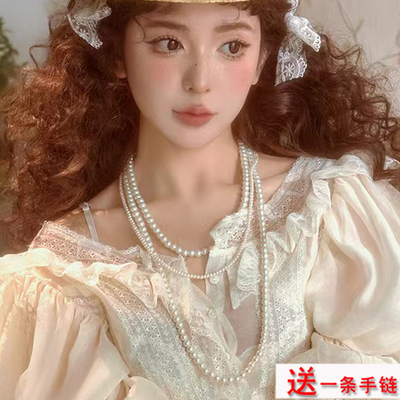 多层叠戴珍珠项链中长款双层颈链