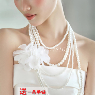 多层珍珠项链配礼服颈链女士锁骨链中长款饰品五层叠戴毛衣链599