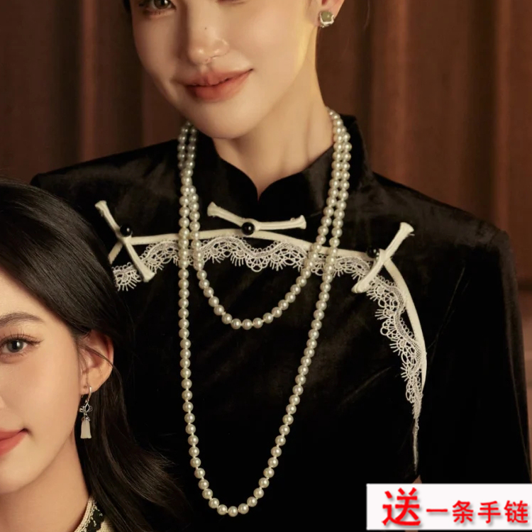 配旗袍珍珠项链女款双层中长款