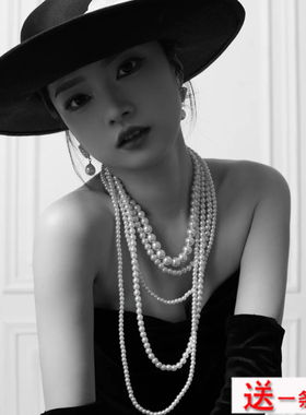 多层珍珠项链法式复古摄影道具拍照饰品长颈链女士中长款配饰553