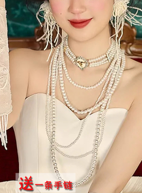 法式复古多层珍珠锁骨链中长款