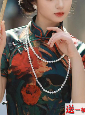 搭配旗袍珍珠项链双层叠戴颈链子摄影拍照饰品中长款锁骨链子415