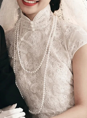 搭配旗袍珍珠项链夏季双层叠戴中长款毛衣链子女士新娘配饰品697