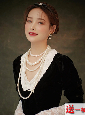 多层仿珍珠项链法式拍照写真锁骨链子女士配裙子颈链子中长款1869