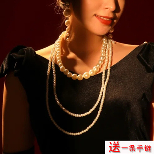 多层叠戴大颗珍珠项链中长款法式时尚毛衣链锁骨链子颈链女士573