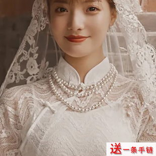 三层珍珠项链女士新娘choker配婚纱饰品多层锁骨链颈链子项圈527