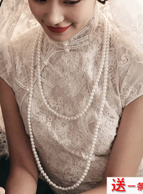 新款夏季双层珍珠项链配旗袍配饰品中长款毛衣链子女士choker697