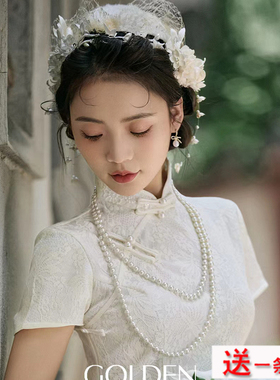 搭配旗袍珍珠项链结婚拍照饰品女款中长款颈链多层叠戴毛衣链070