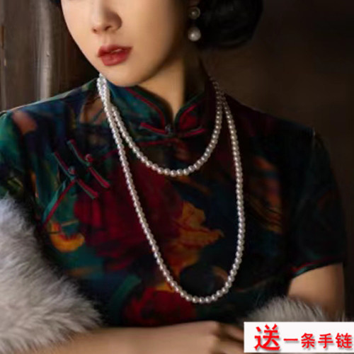 双层叠戴珍珠毛衣链子配旗袍项链