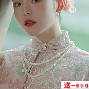 双层珍珠项链配旗袍配饰品锁骨链女士颈链多层叠戴毛衣链项圈894