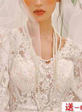 2025新款多层珍珠项链中长款颈链毛衣链女士夏季配旗袍锁骨链1222