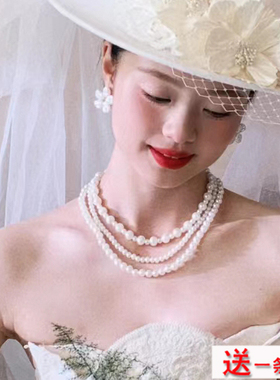 多层珍珠颈链女士三层颈链子锁骨链法式复古新娘项链结婚饰品208