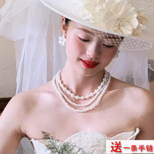多层珍珠颈链女士三层颈链子锁骨链法式复古新娘项链结婚饰品208