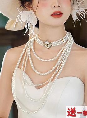 多层珍珠项链配婚纱礼服颈链