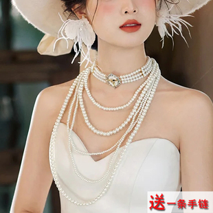 多层珍珠项链配礼服颈链子女士五层叠戴锁骨链中长款毛衣链子542