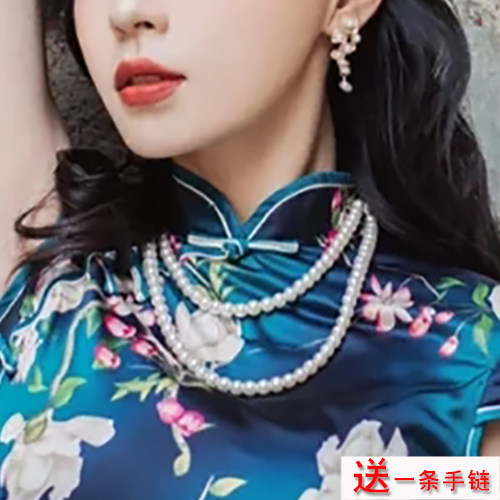 双层珍珠项链旗袍配饰品女士复古风多层锁骨链颈链短款毛衣链637图片