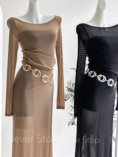 网纱不规则开叉黑色长裙+内衬