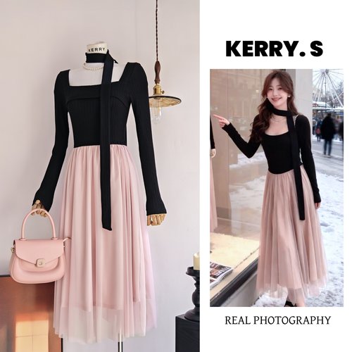 千金感撞色拼接收腰长袖连衣裙