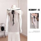 浪漫一字肩系带收腰白色连衣裙女气质显瘦纯欲风包臀裙子韩系穿搭