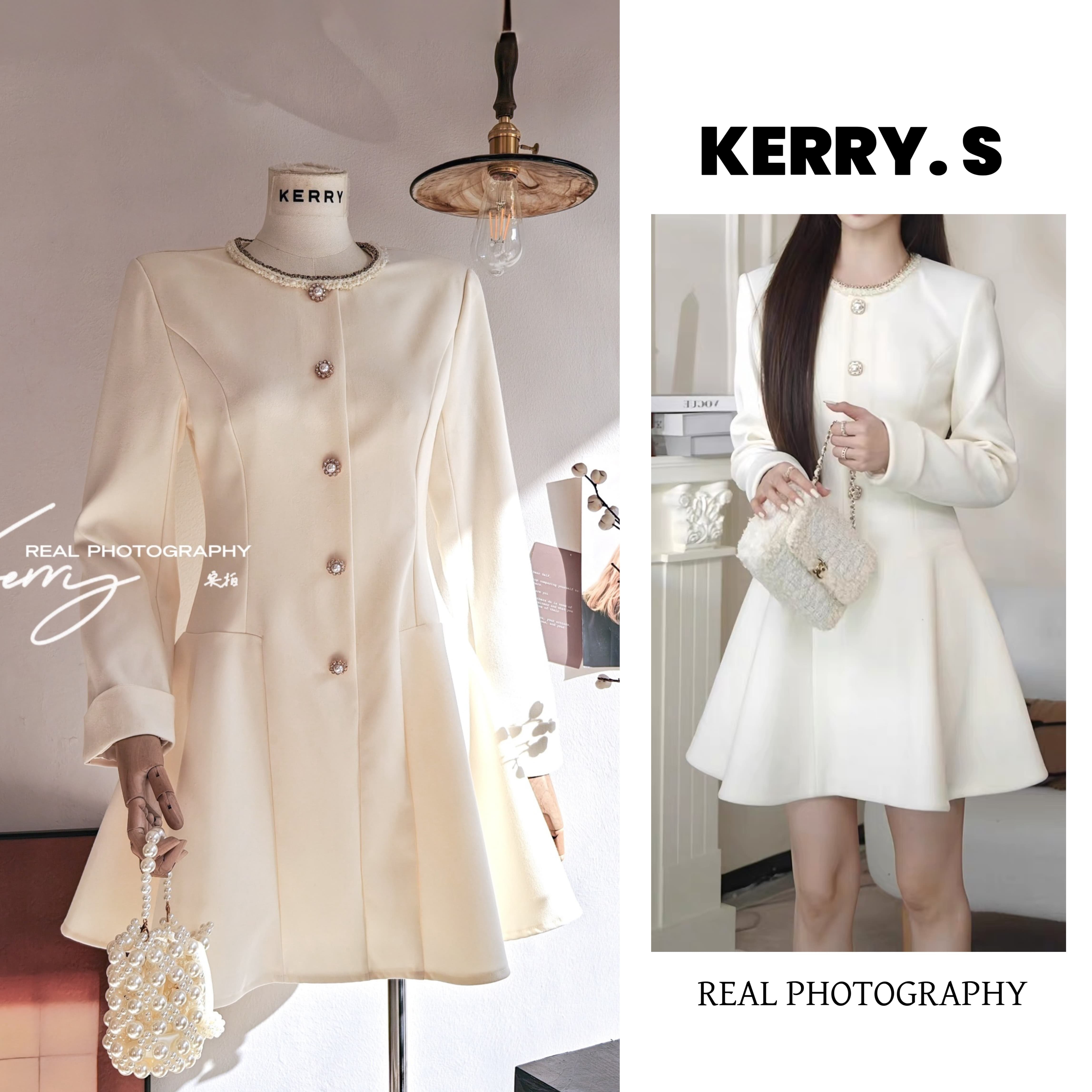 珍珠扣法式miu系千金风连衣裙