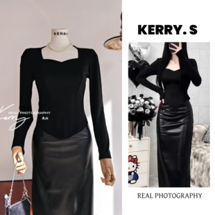 鱼骨坎肩内搭上衣黑色皮裙子秋冬辣妹御姐穿搭姐系贵感套装 两件套