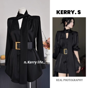两件套 收腰设计师气质醋酸黑色衬衫 姐系贵感套装 早秋网红轻奢时尚