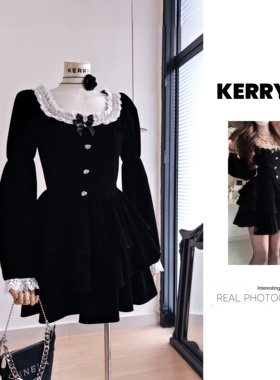 法式复古宫廷风黑色连衣裙女秋冬高级感赫本风丝绒显瘦拼接小黑裙