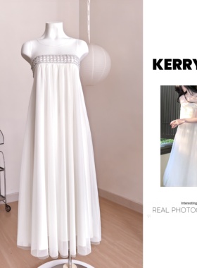 冰涧 春季纯欲网纱钉珠气质初恋无袖白色连衣裙大摆裙子韩系穿搭